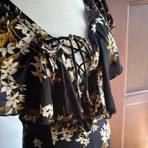 AMUSE Society | Black Floral Alana Maxi Dress Lace up Neck | Size Small - Picture 4 of 7